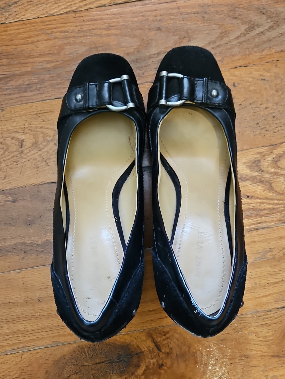 Nine West size 9 1/2, Women’s Black Suede Square-Toe Flats with Buckle Detail
